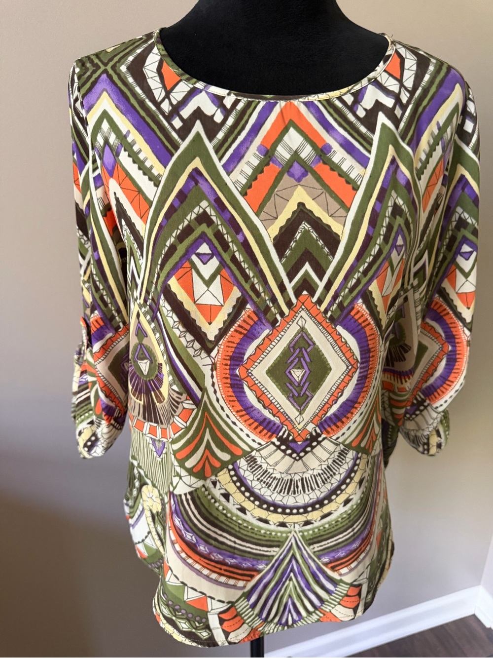 Chico's Size 0 Woven Geo-Print Blouse - Olive Multi